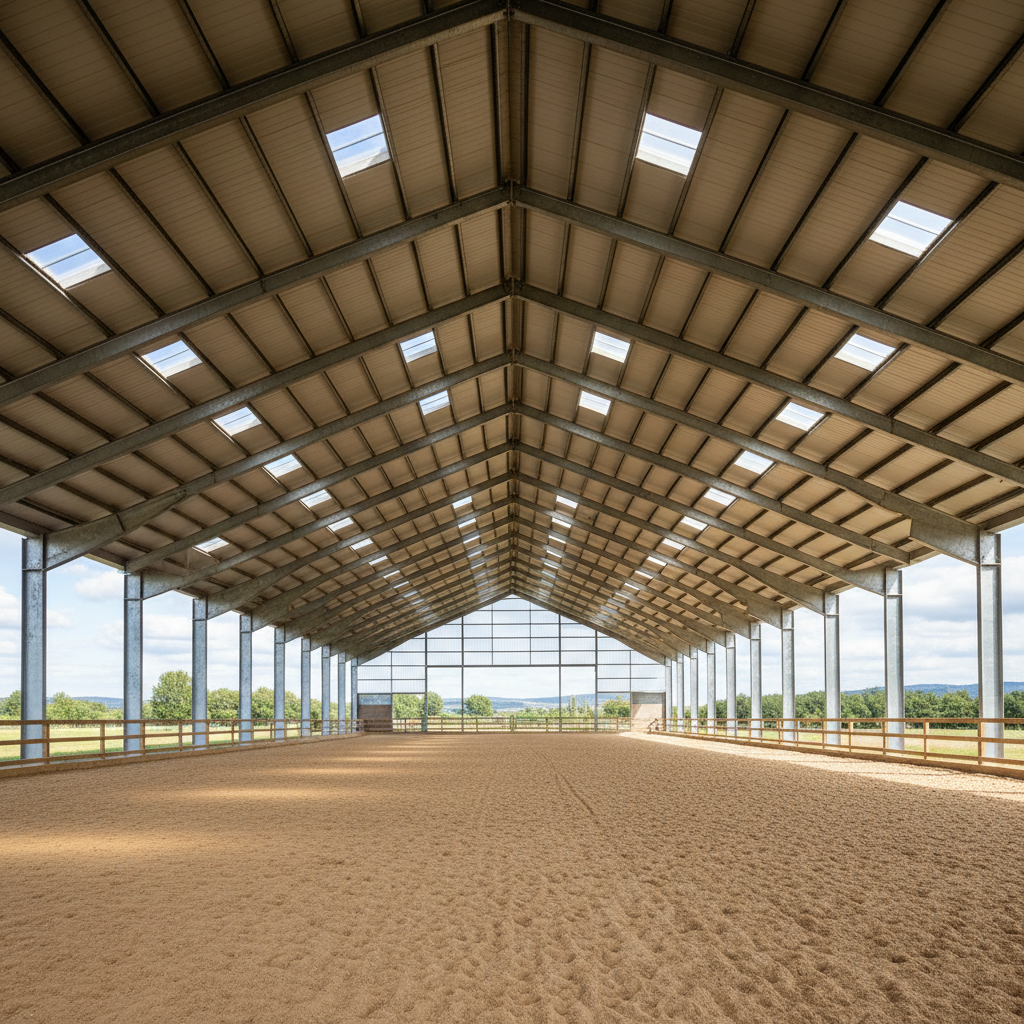 Large clear-span equestrian arena with metal roof and natural lighting in Nebraska