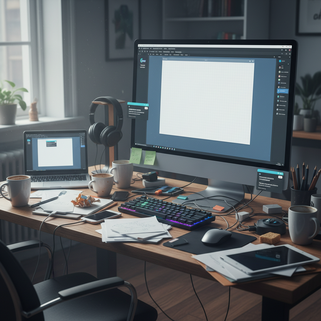 Empty Canva design canvas with a blank template and notification alerts showing missed deadlines and revision requests in a cluttered workspace