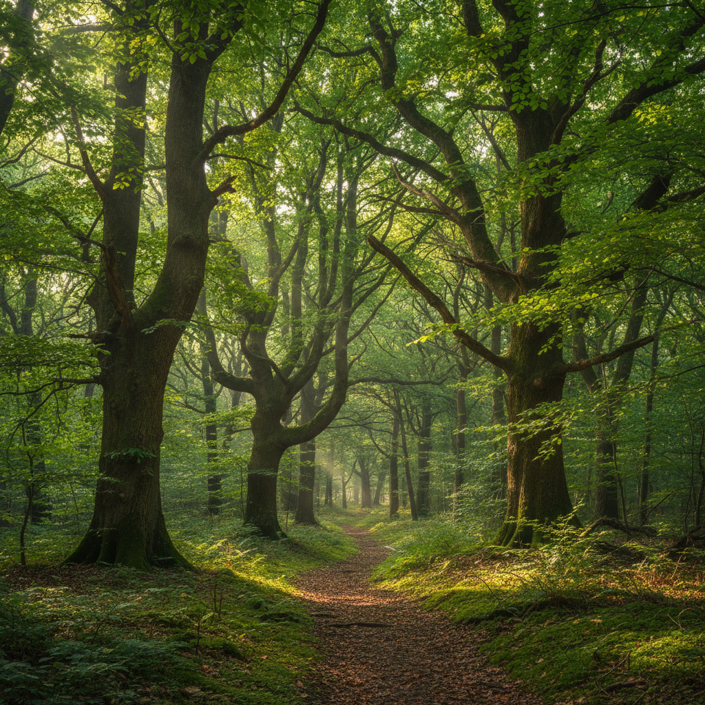 Lush green forest with sunlight filtering through tall trees, vibrant and healthy ecosystem, Western Ghats