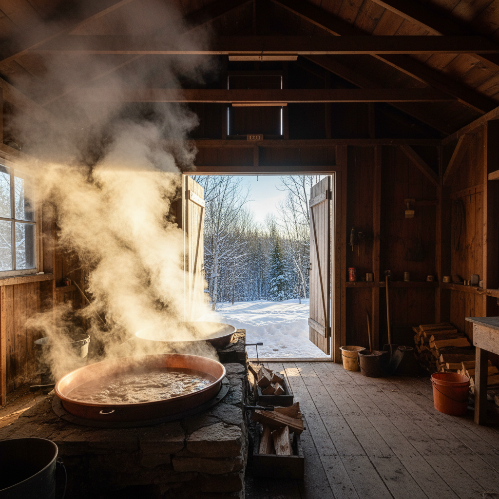 Inside a maple sugarhouse looking out through open double doors, evaporator pans boiling in foreground with steam rising into wooden rafters, golden backlit sugarbush visible through the doorway