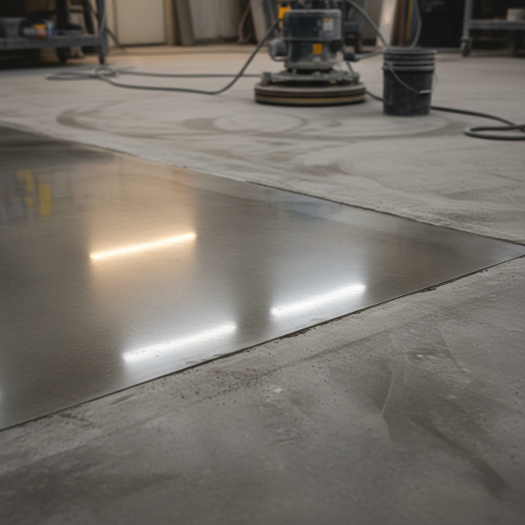 Concrete floor at 800-grit honing stage showing satin sheen beginning to develop under workshop lighting