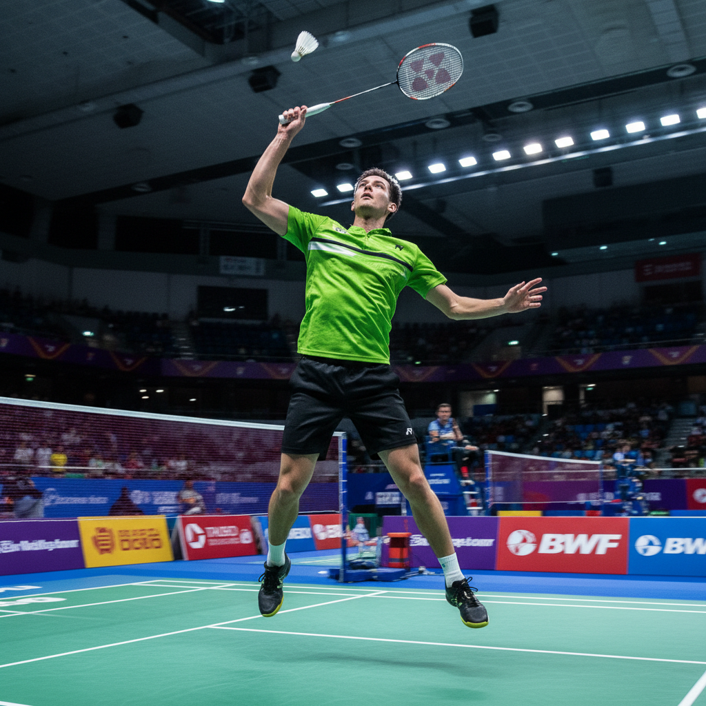 Badminton player mid-smash on professional indoor court, dramatic action shot, bright overhead lighting