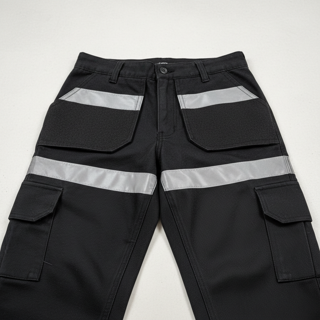 Close-up of reinforced knee panel with reflective strips on black cargo work trousers