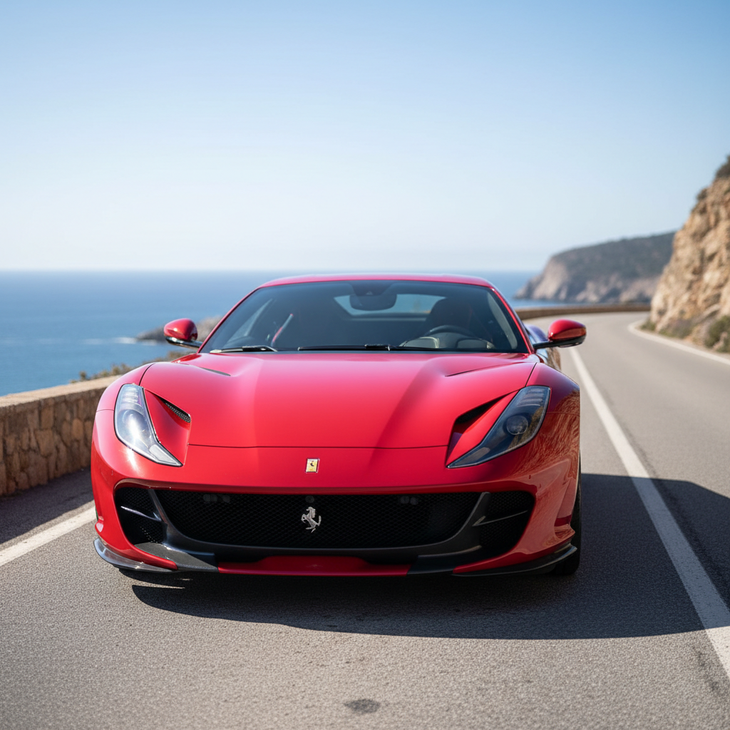 Red Ferrari 296 GTB hybrid supercar on Italian coastal road with dramatic sky