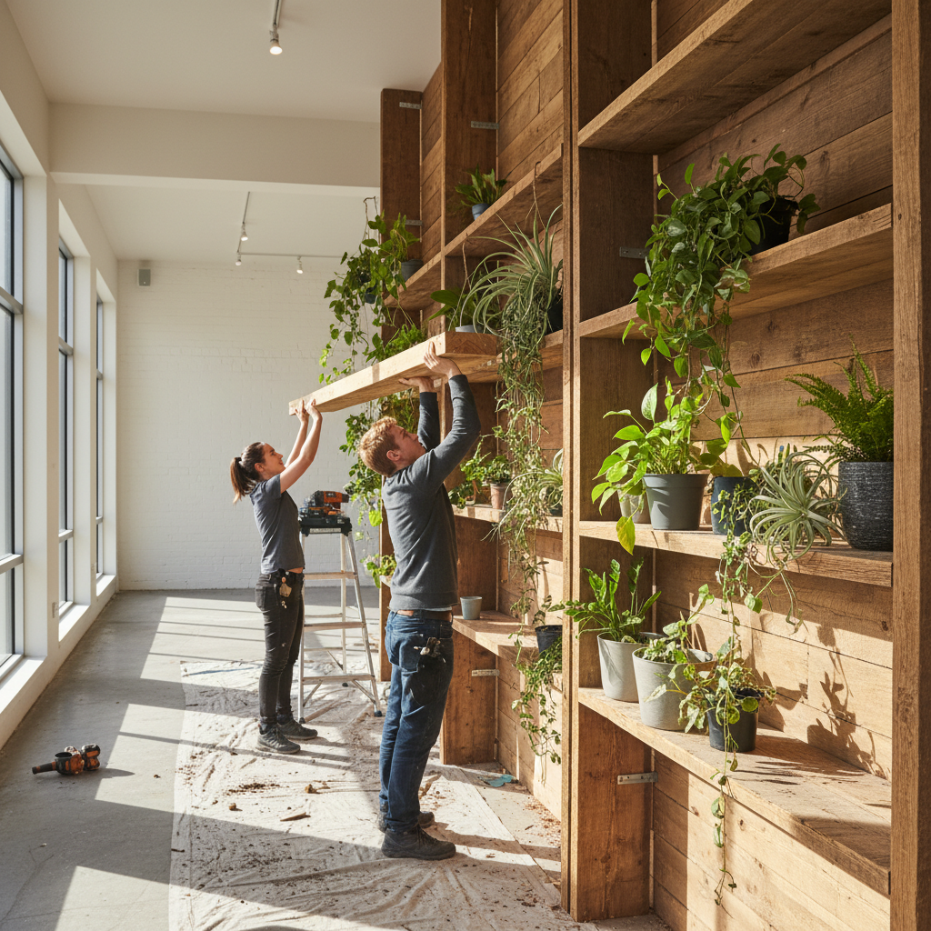 Staging crew installing reclaimed wood shelving and living botanical arrangements in a bright living room