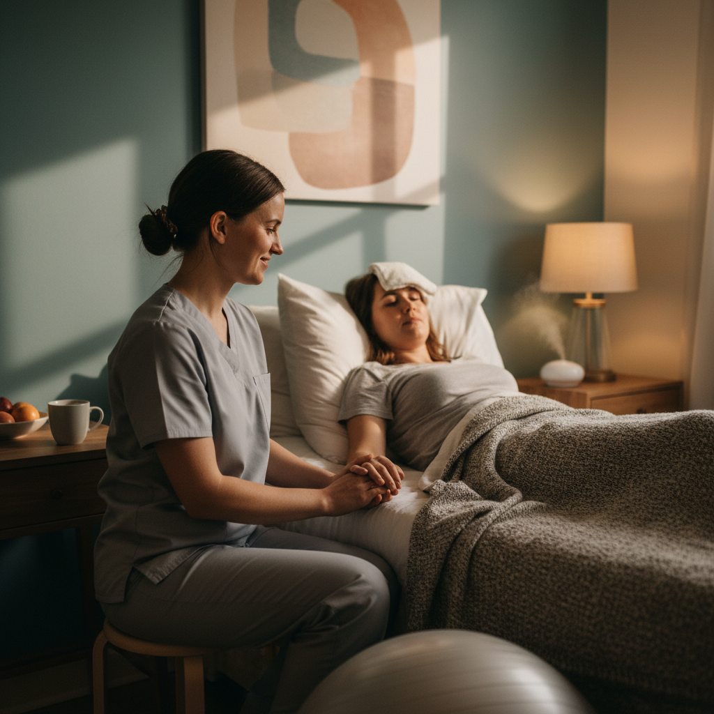Midwife providing calm continuous labor support, sitting beside a laboring mother in a dimly lit birth room