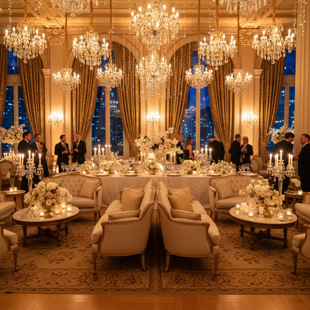 Elegante montaje de evento con iluminación dorada y mobiliario premium en República Dominicana