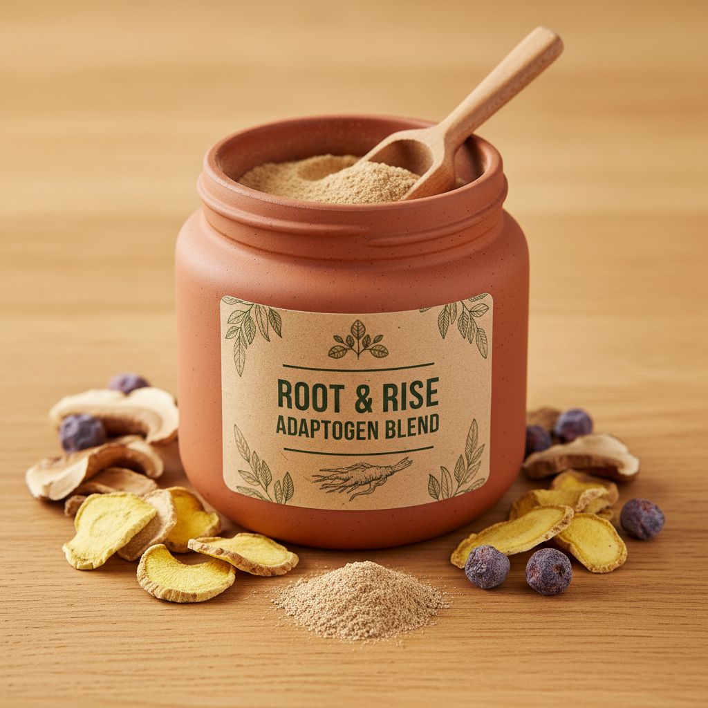 Brown supplement capsules in glass jar with dried herbs around it