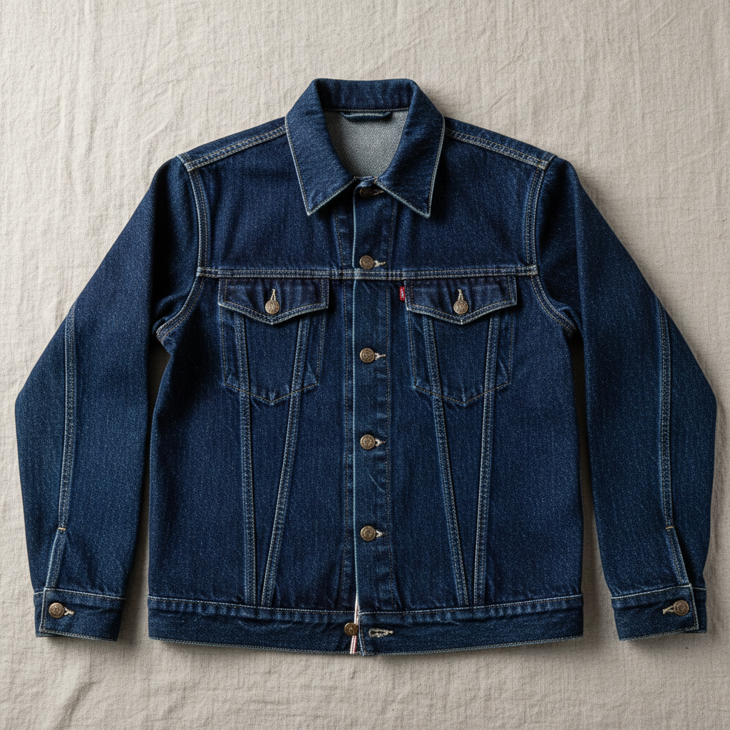 Hand-woven indigo denim jacket with visible selvedge edge and natural texture