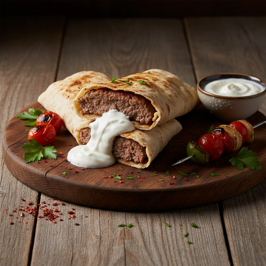Kebab clasic cu carne de vită și miel, salată și sos în lipie, fundal întunecat
