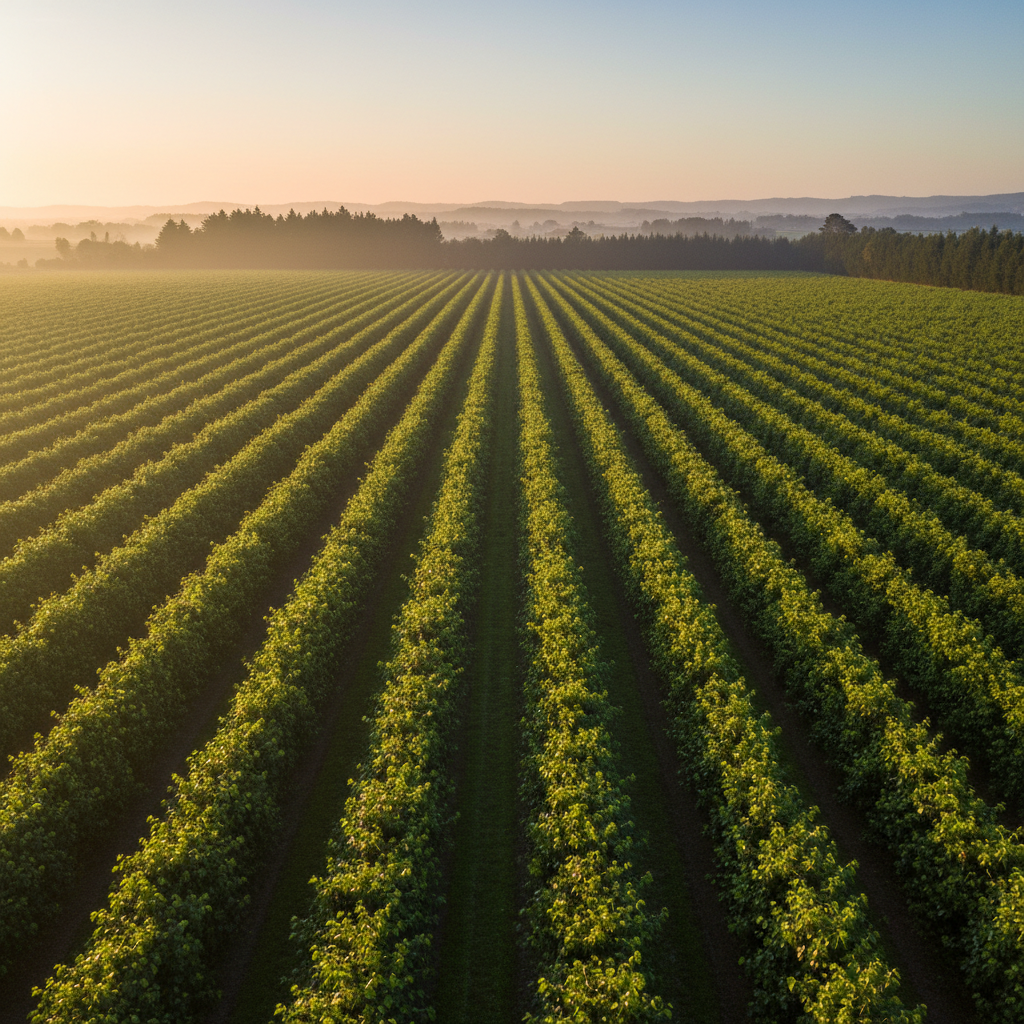 Lush green agricultural farmland at sunrise, Zimbabwe countryside, rows of crops, warm golden light