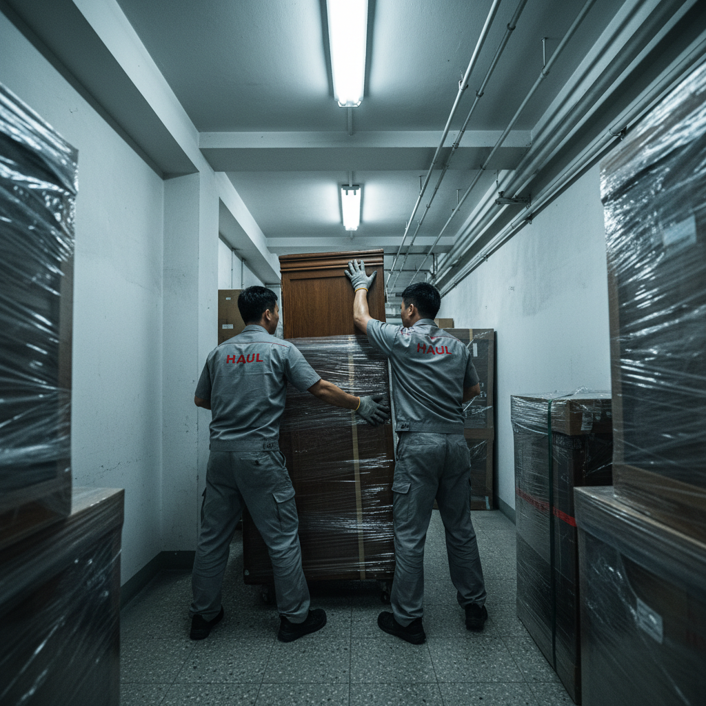 Two Haul crew members in grey work uniforms guiding furniture through a narrow Hong Kong corridor, sweat visible, industrial lighting overhead
