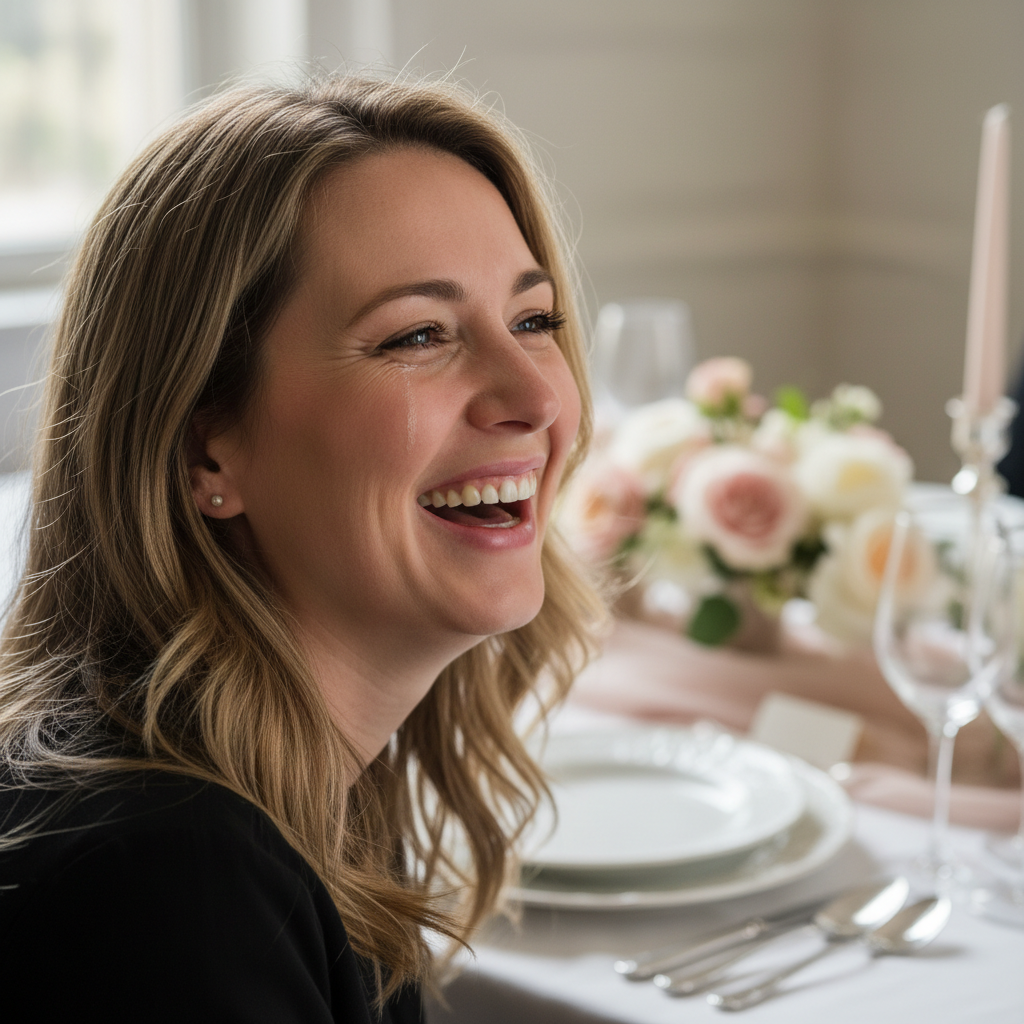 Mother laughing mid-conversation at a beautifully set table, mascara slightly running from happy tears