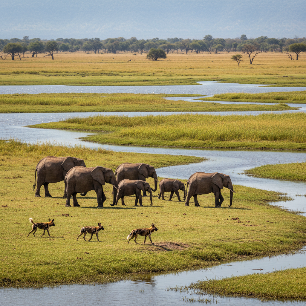 Zambezi River at Mana Pools with hippos and floodplain at sunrise