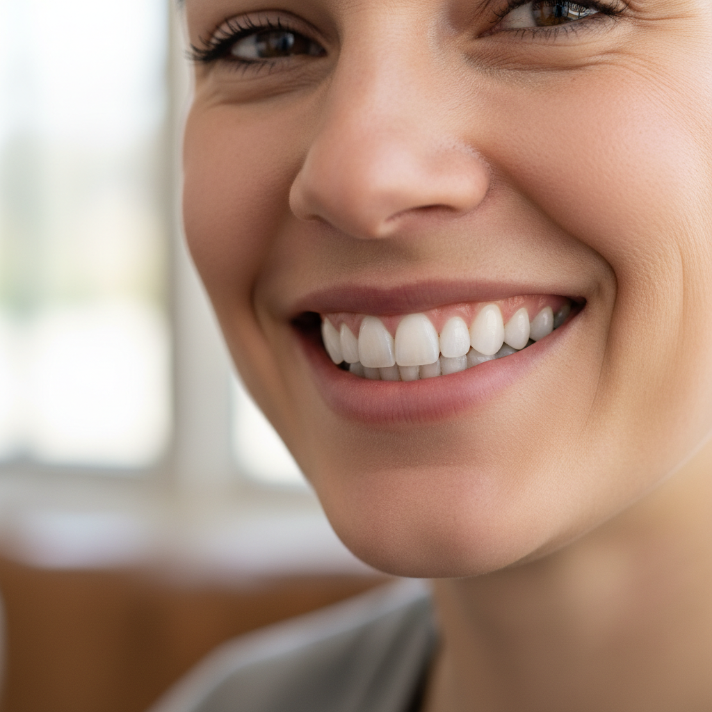 Happy family with beautiful bright smiles showing healthy teeth, parents and children laughing together