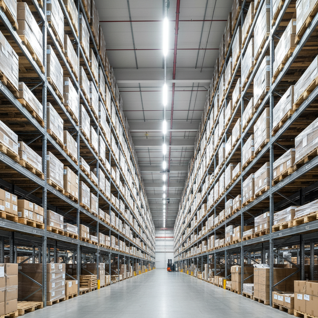 Large industrial warehouse interior with high ceilings, steel structure and organized storage systems