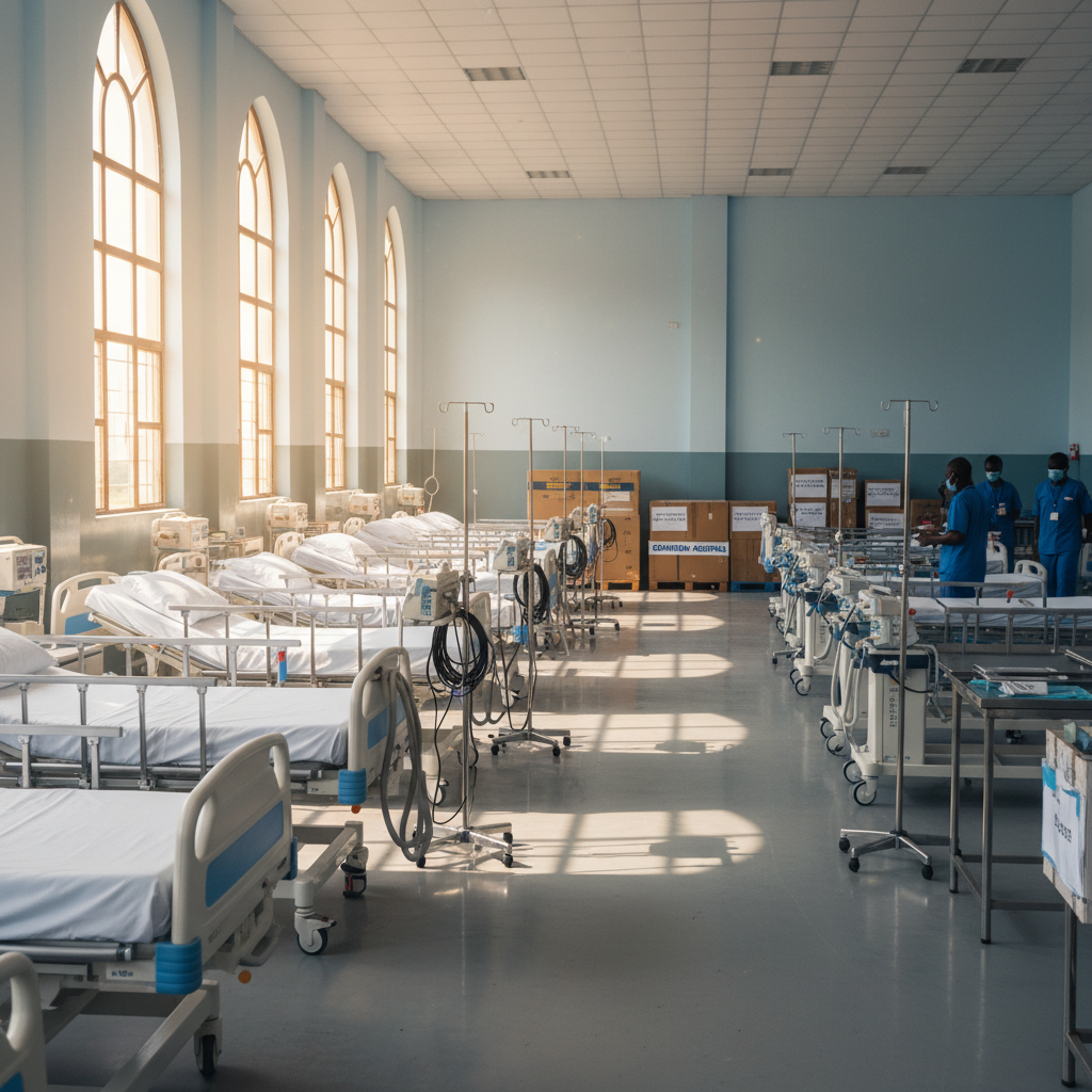 Medical equipment including hospital beds and diagnostic devices arranged for donation at Swedru Municipal Government Hospital, Agona West