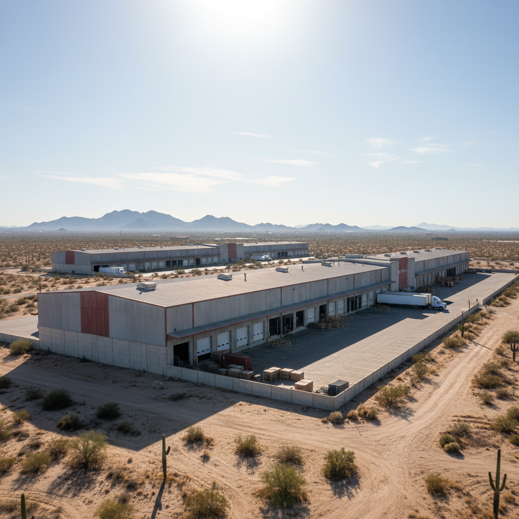 Large industrial warehouse facility in Tucson Arizona desert landscape