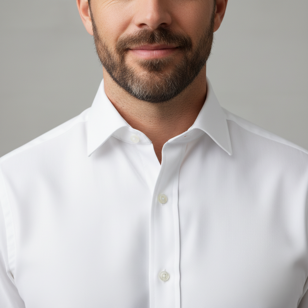 Man in crisp white oxford shirt, bright airy studio, minimalist backdrop