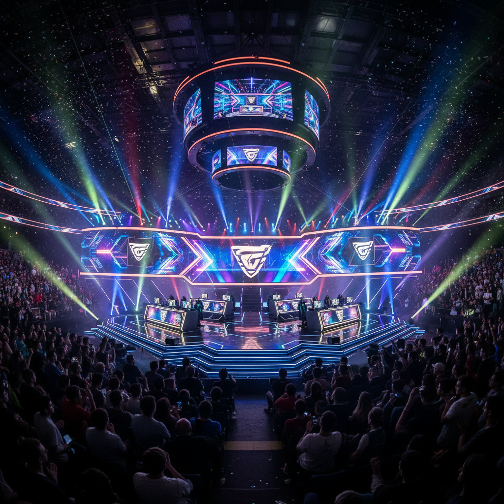 Esports championship stage with colorful lighting and large screens