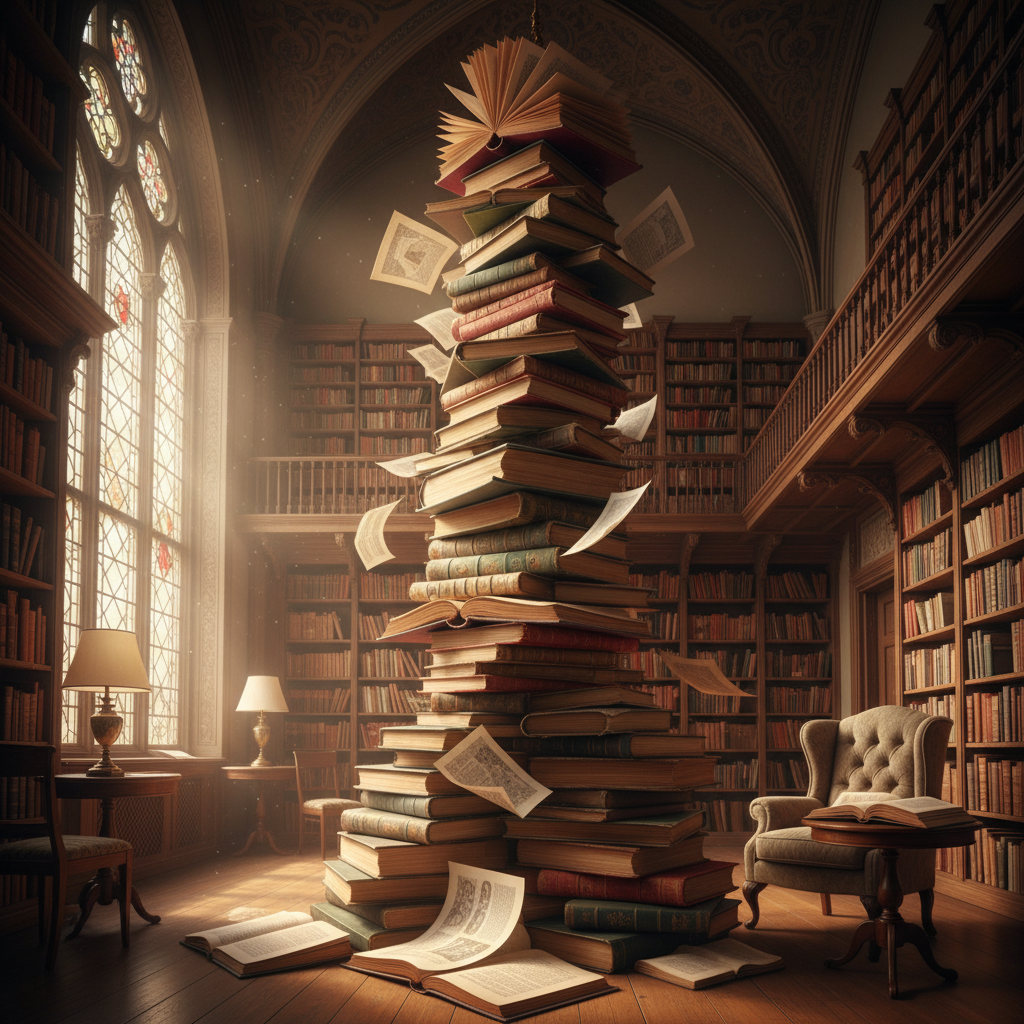 Open books on wooden desk in warm library, golden hour light streaming through tall windows, rich mahogany shelves in background
