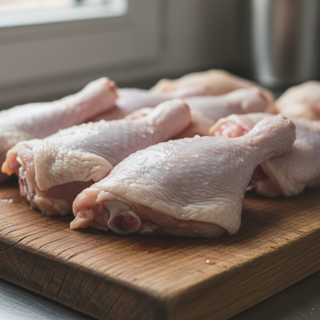 Raw chicken backs on a wooden cutting board