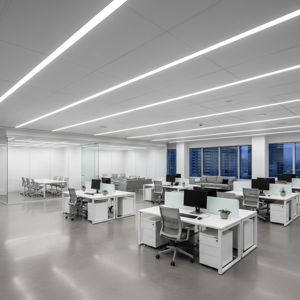 Modern suspended ceiling installation with recessed lighting in contemporary office