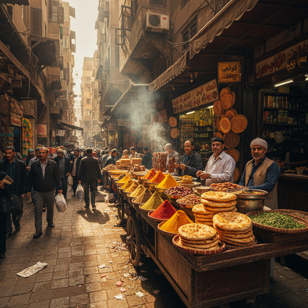 Traditional Egyptian food market with colorful spices and ingredients, warm lighting