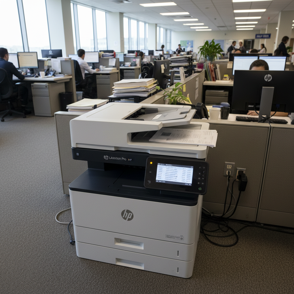 Office printer with an indicator light on beside stacked paper in a bright workspace