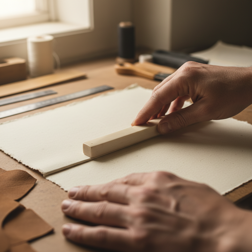 Close-up of bookbinder hands using a bone folder on cream-coloured handmade paper
