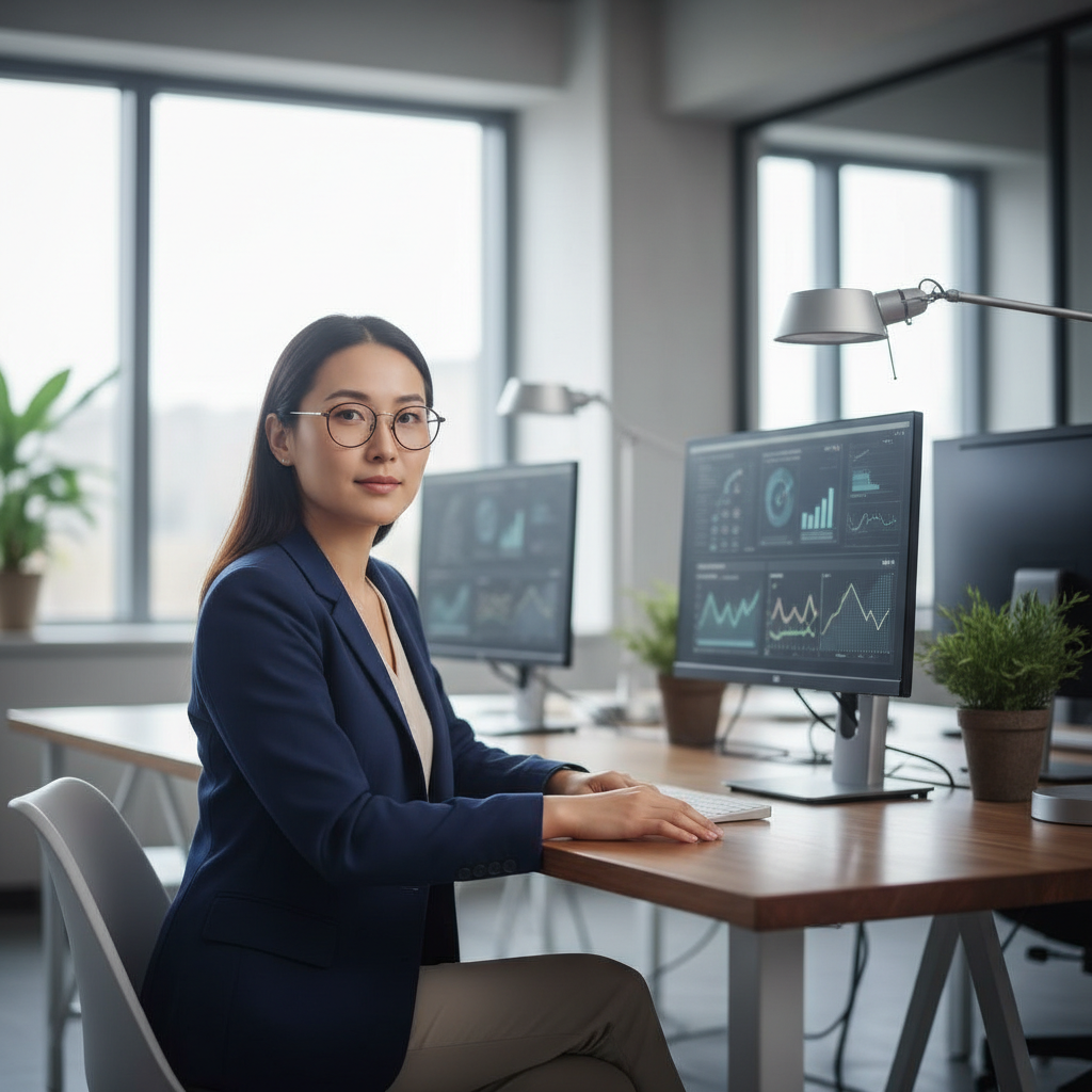 Asian woman with glasses and professional appearance, technology creative director