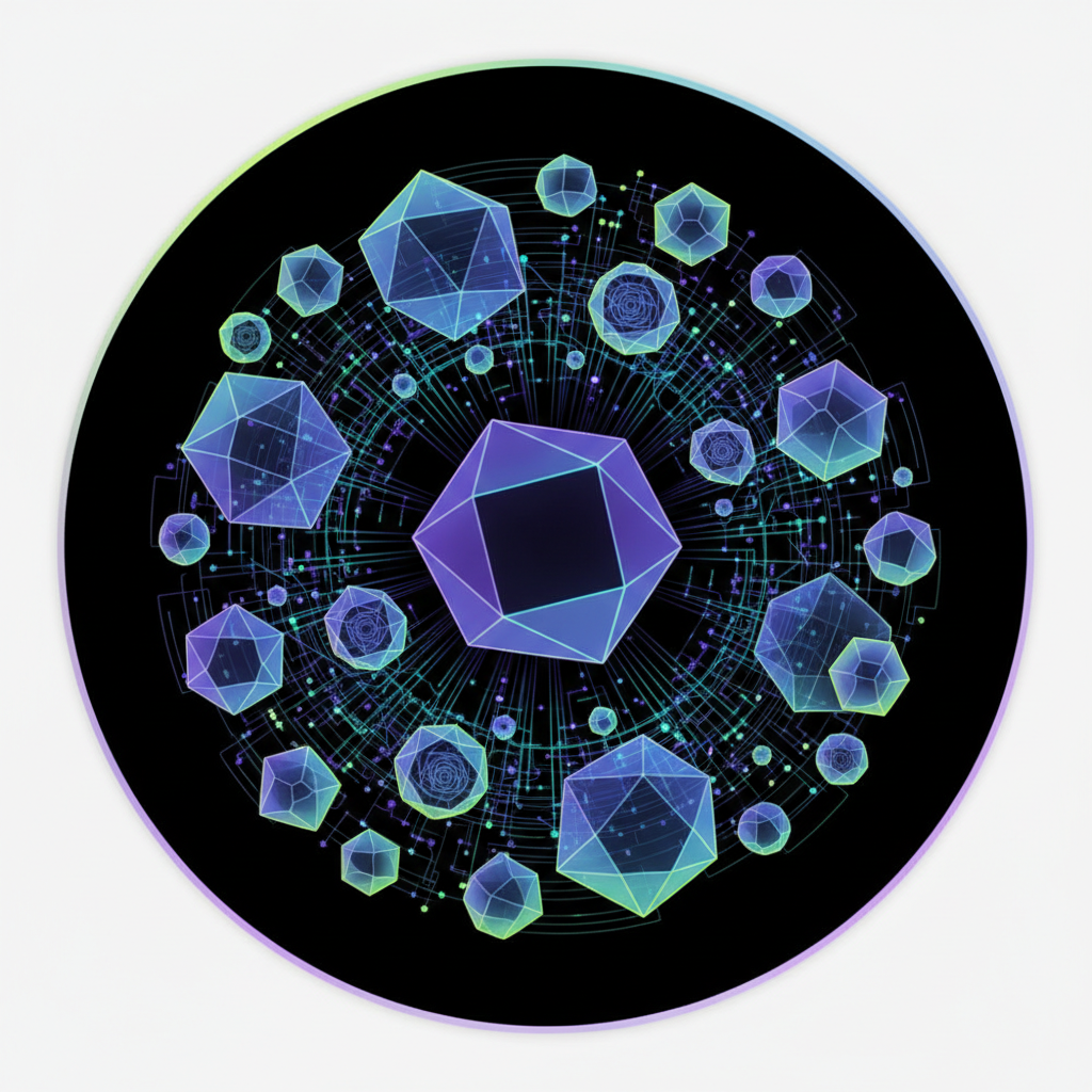 Abstract digital art with glowing neon geometric shapes and motion trails against dark background with deep shadows