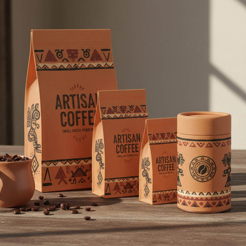 Artisan coffee brand with hand-drawn illustration on dark kraft paper packaging with warm amber tones