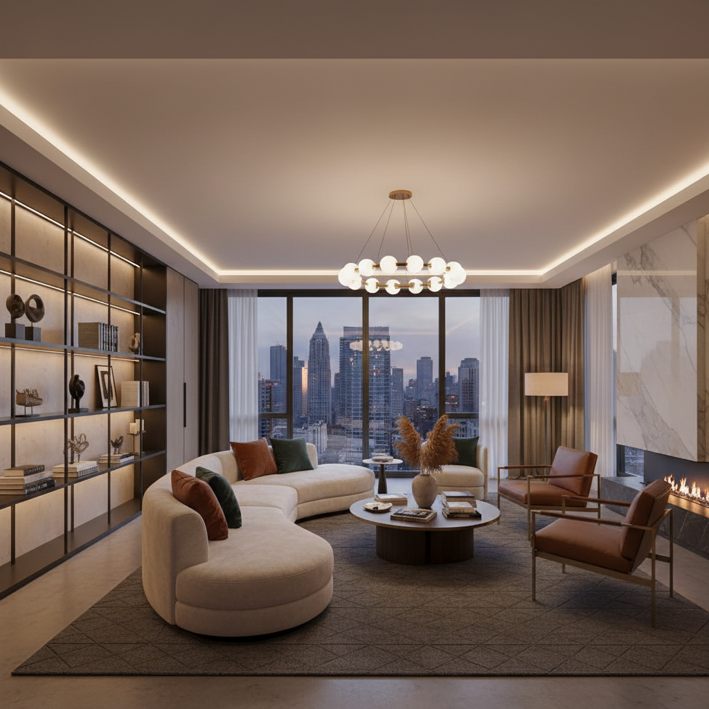 Luxury apartment living room with modern furniture, warm lighting, bright airy space