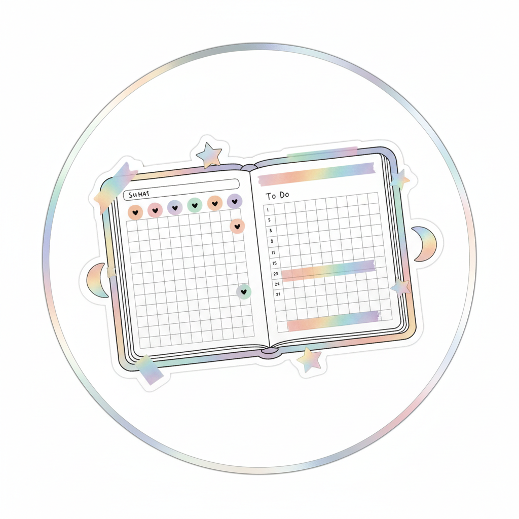 Bullet journal spread fully decorated with stickers, washi tape, and holographic decals
