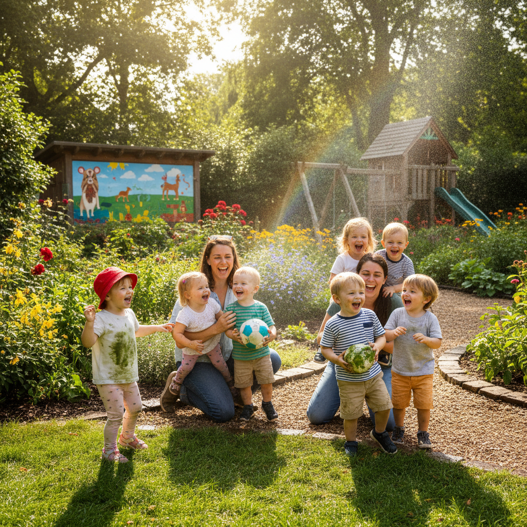 A group of children and caregivers laughing together during outdoor playtime in a garden setting