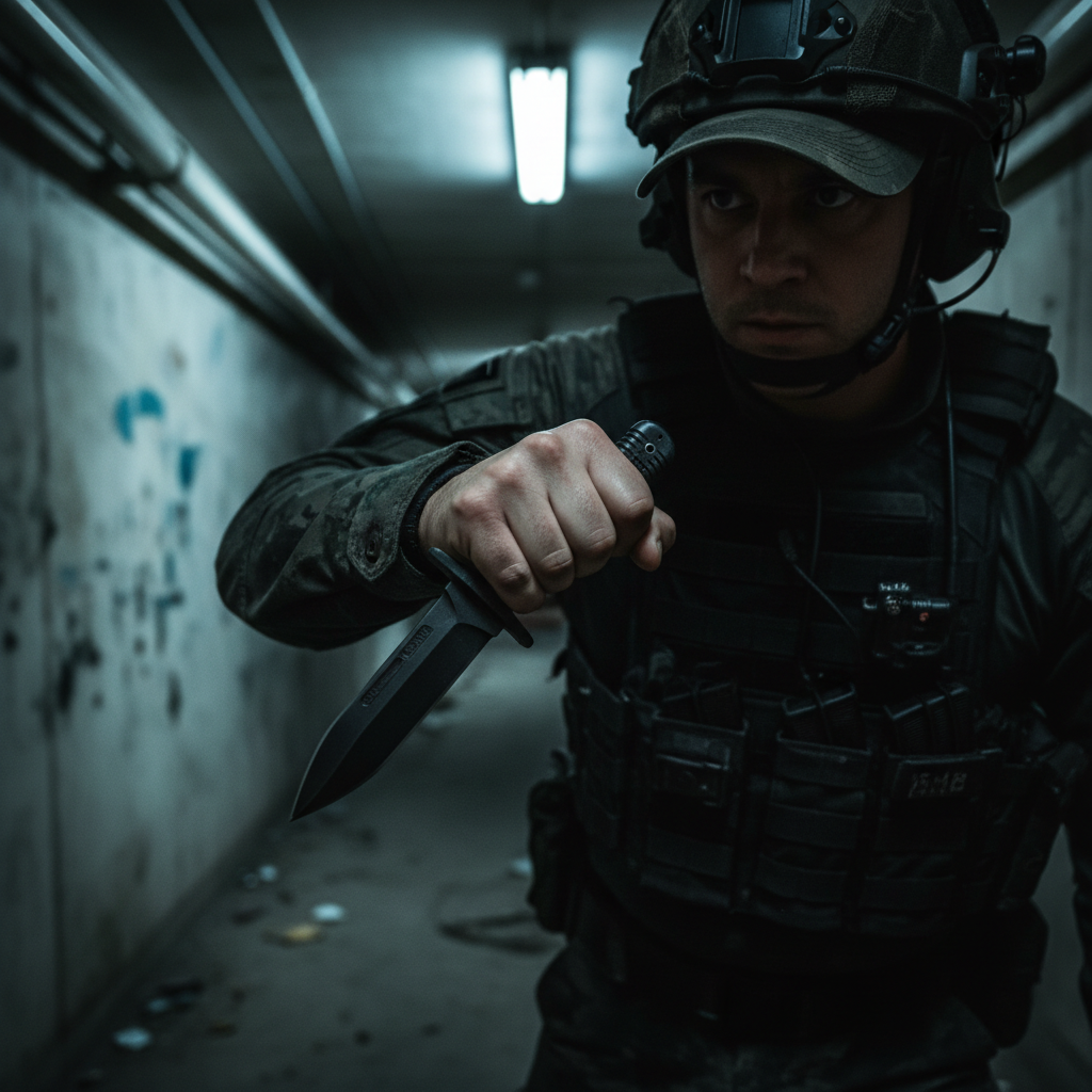 Armed security officer in tactical gear, dim corridor lighting, deep shadows, dark industrial background, low-key dramatic lighting
