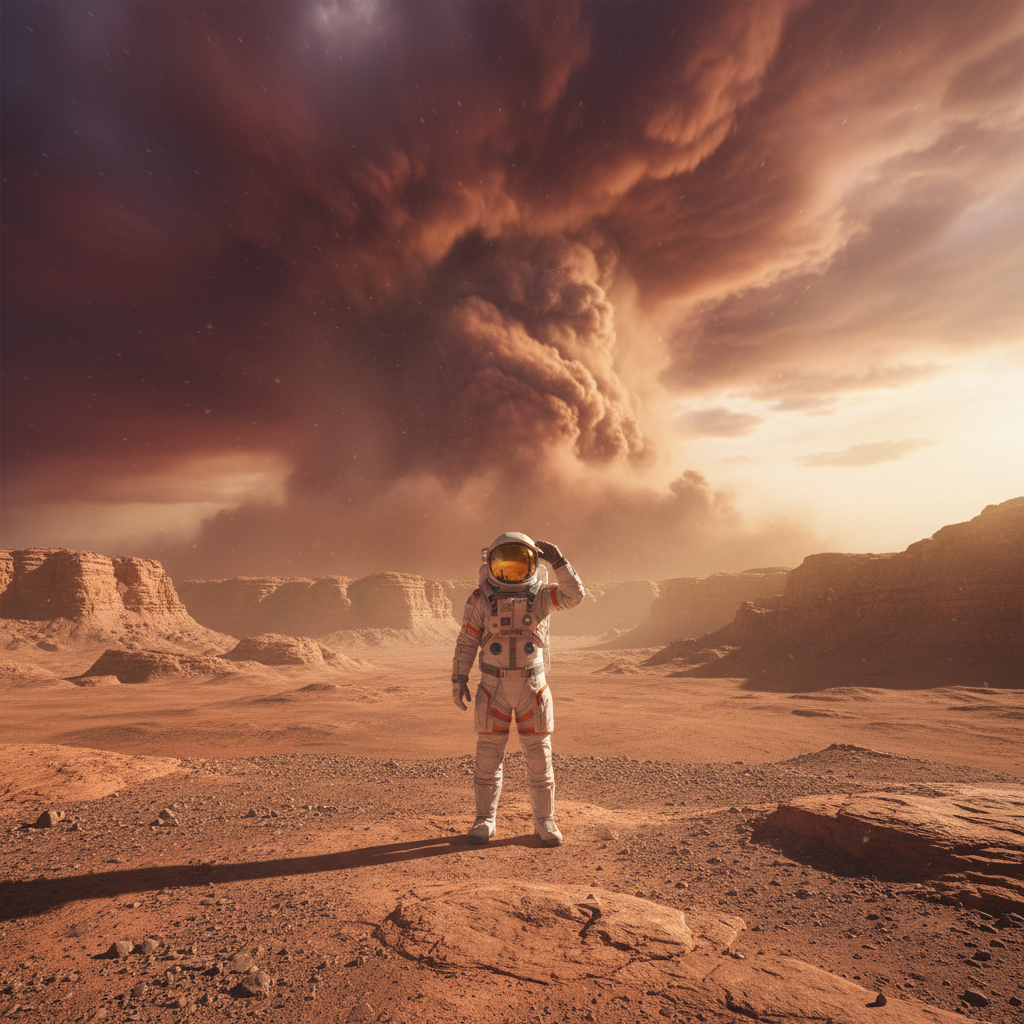 Video thumbnail: A lone astronaut walks across the surface of Mars at golden hour, dust particles