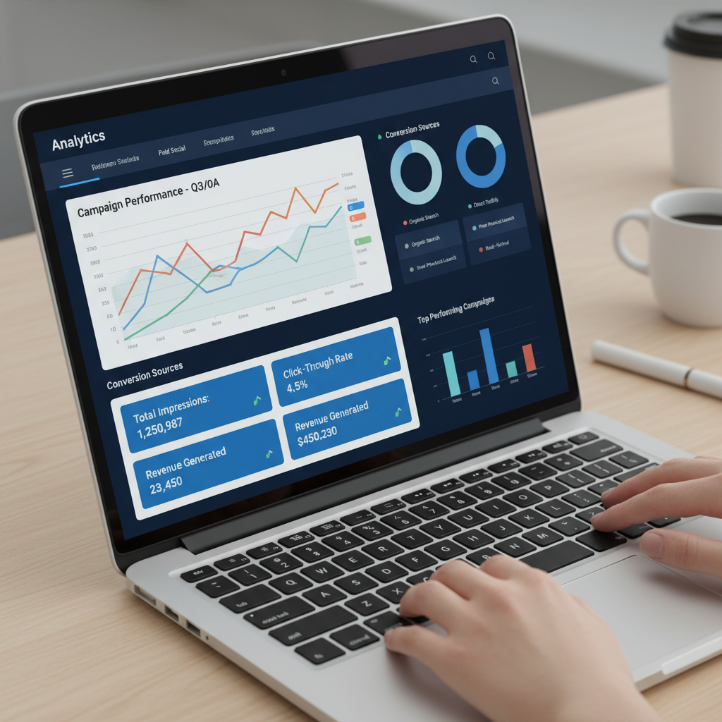 Dark analytics dashboard on monitor, deep shadows, blue-black tones, moody tech environment