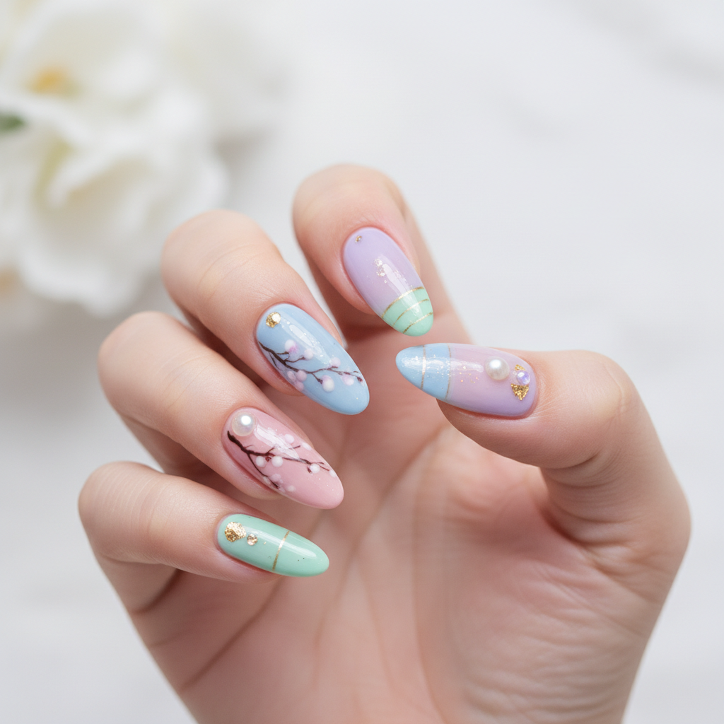 Delicate hand-painted floral nail art in pastel pink and mint on white base