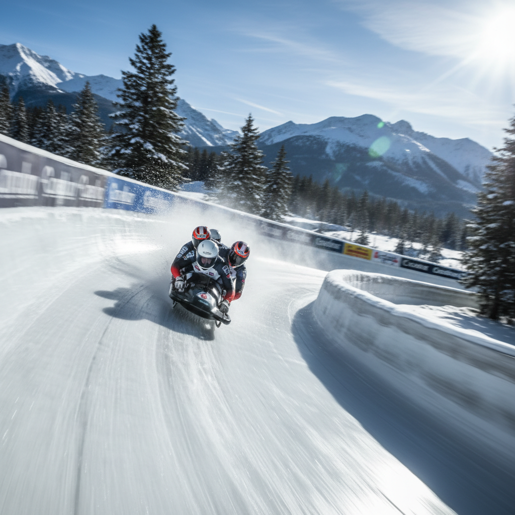 Bobsled banking hard through a tight iced corner at speed, visible g-force compression on the crew