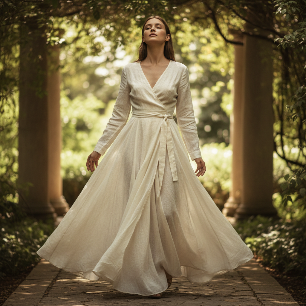 Woman wearing flowy cream linen wrap midi dress in bright natural light