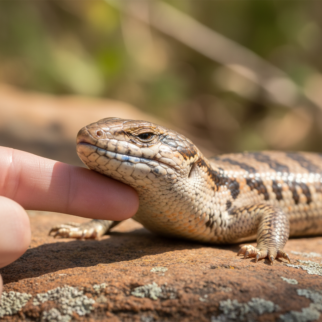 Blue tongue skink receiving gentle chin buff showing relaxed body posture