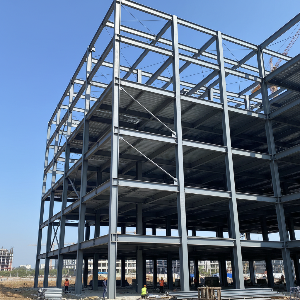 Steel structural beams and framework of a large building under construction, industrial environment