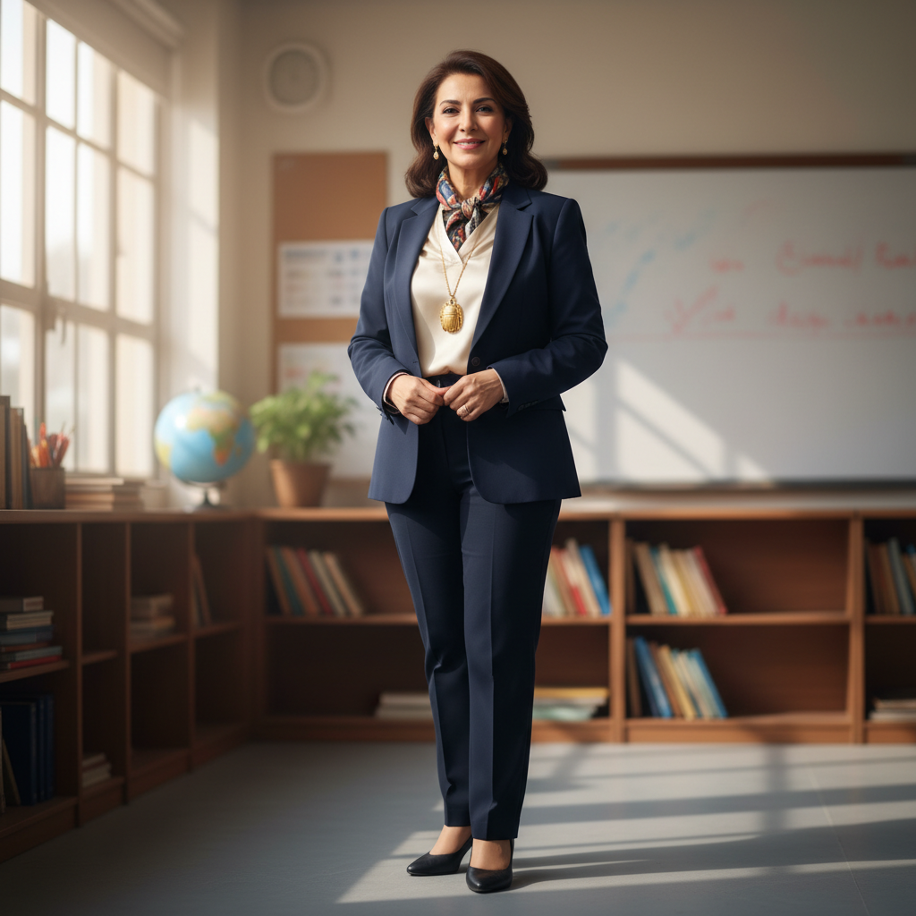 Professional woman with warm smile in a bright classroom setting, natural window light