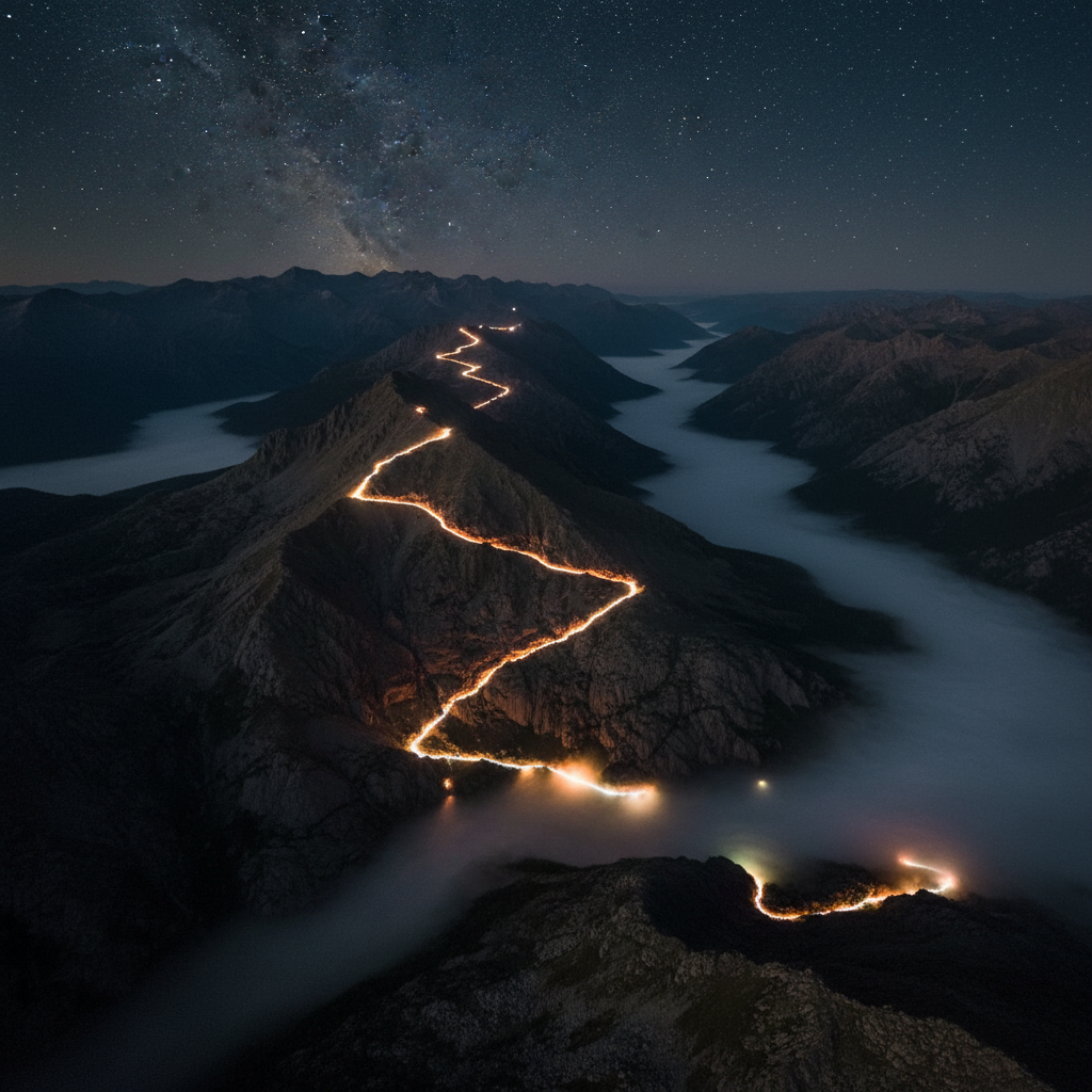 Aerial view of mountain ridgeline at night with river of headlamp lights from ultra marathon runners winding through darkness