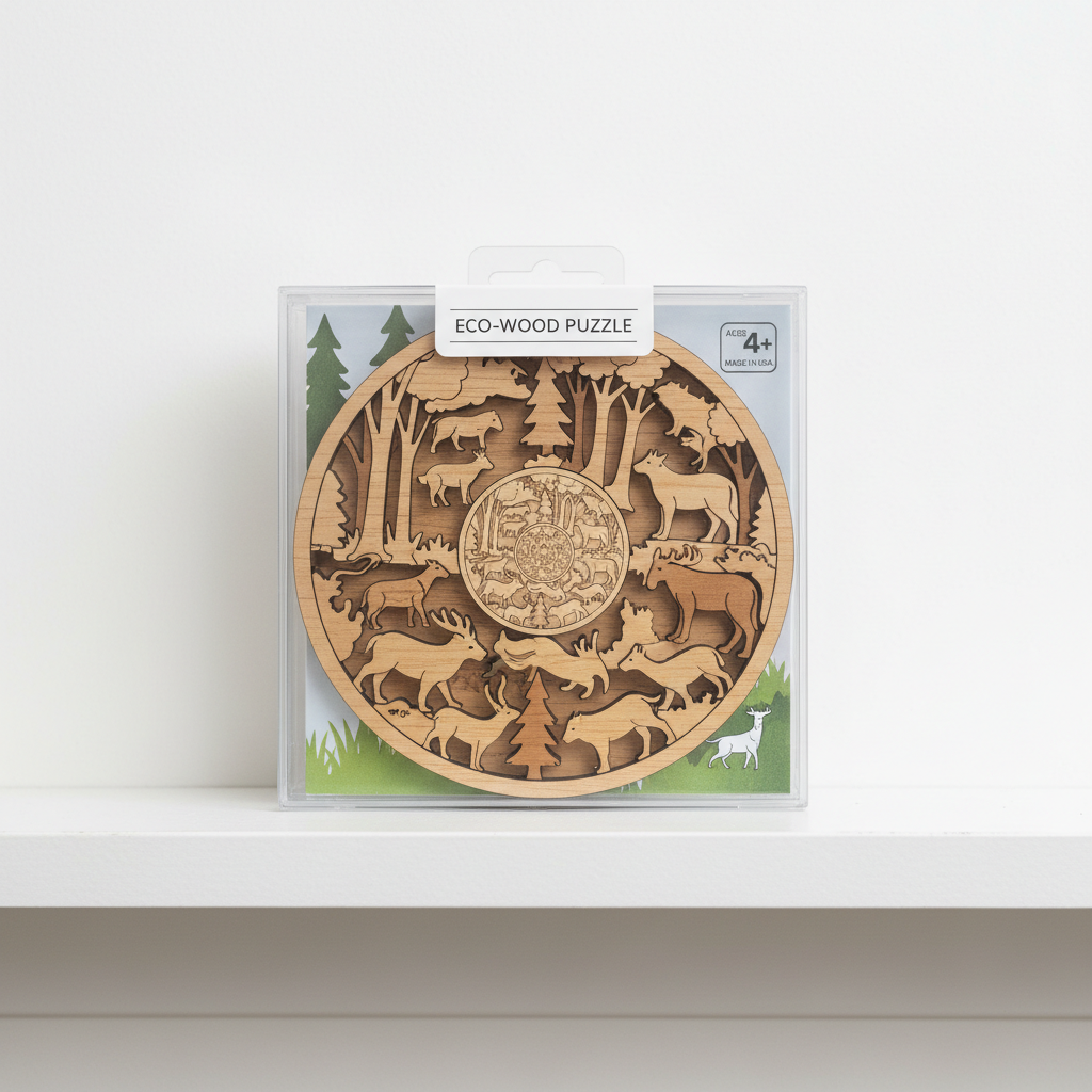 Single retail-packaged wooden puzzle in clear box on white shelf