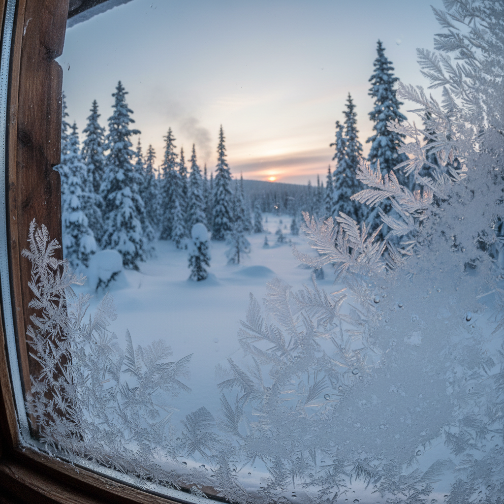 Snow-covered wilderness at dawn with frost on a cabin window and spruce trees in background