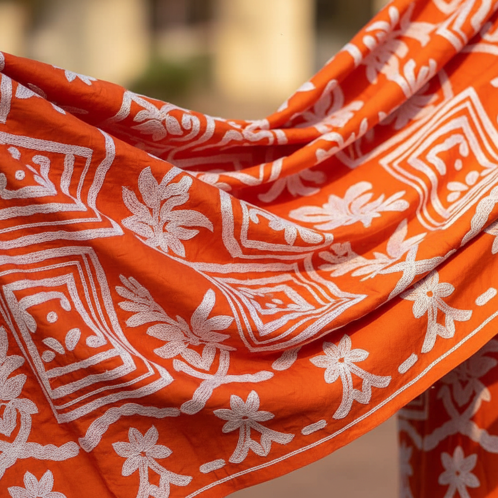 Close-up of traditional Nigerian embroidery with golden thread on cream fabric