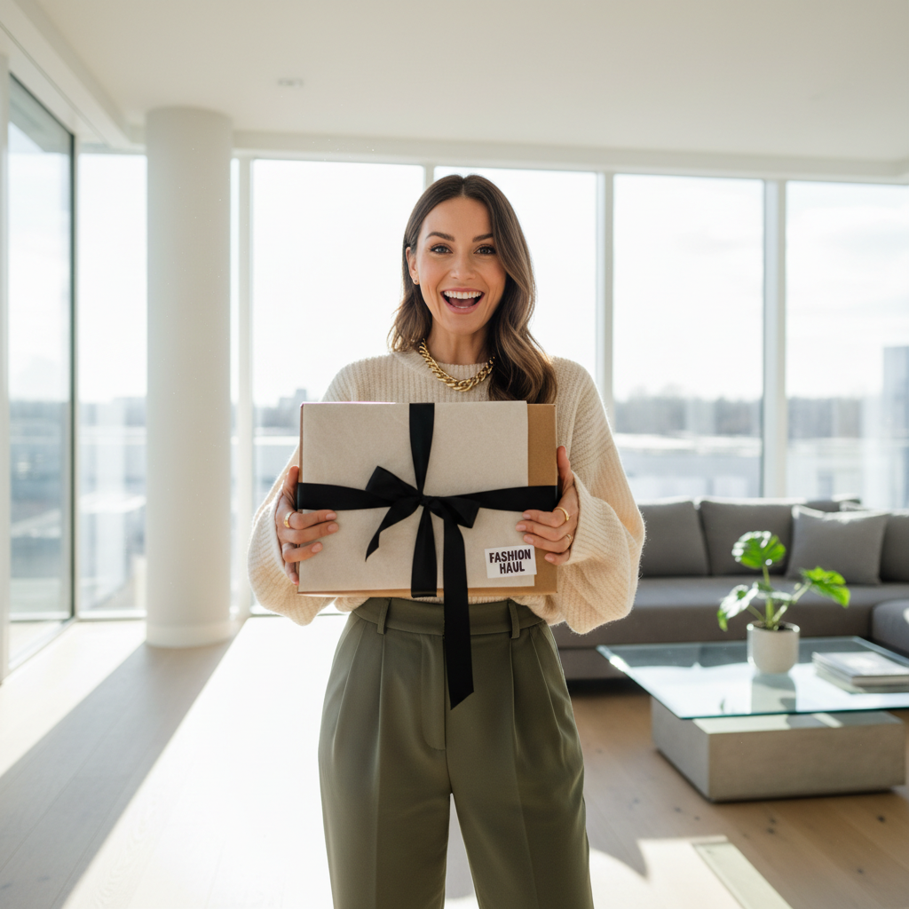 Person happily packaging sold items at bright well-lit home workspace, natural light, clean organized environment